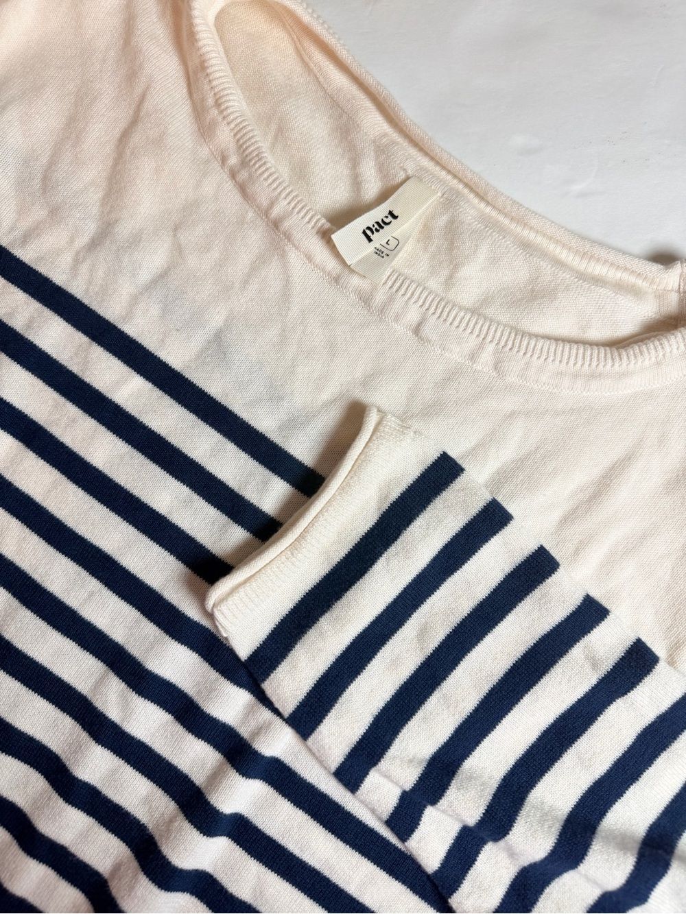 Pact Laguna Striped Knit Sweater Large Boatneck Cream Navy Nautical Coastal - Picture 3 of 10